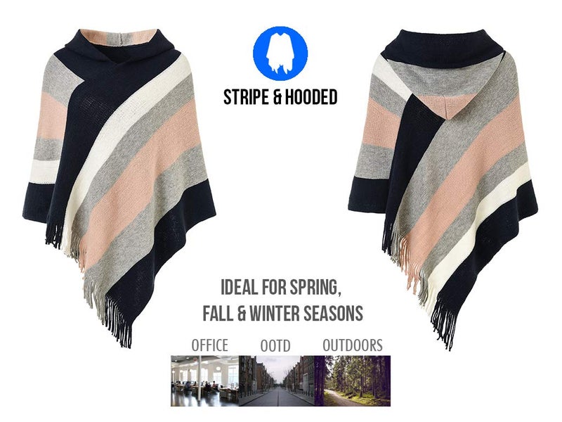 Ferand Women's Striped Poncho Sweater Cozy Knit Fringe Shawl Wraps with Hood for Fall Winter - Image 3